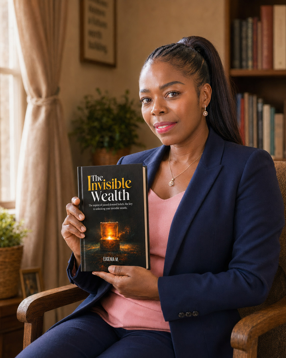 Eugenia M. seated in a library, holding The Invisible Wealth hardcover